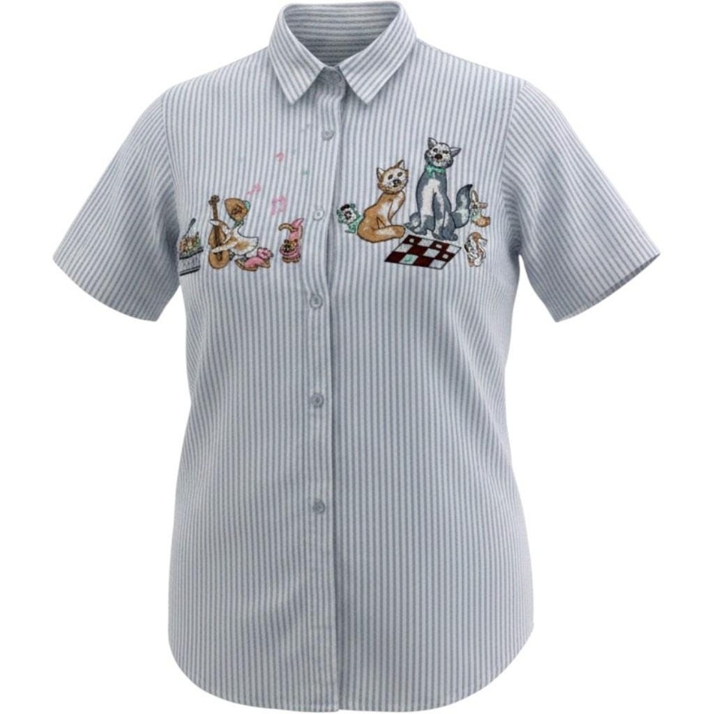 Vintage PSE Striped Embroidered Cat Animal Shirt Womens L‎ Cotton Cottagecore